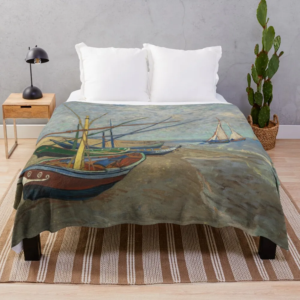 

Fishing Boats on the Beach at Les Saintes-Maries-de-la-Mer by Vincent Van Gogh Throw Blanket Soft Plush Plaid Beautiful Blankets