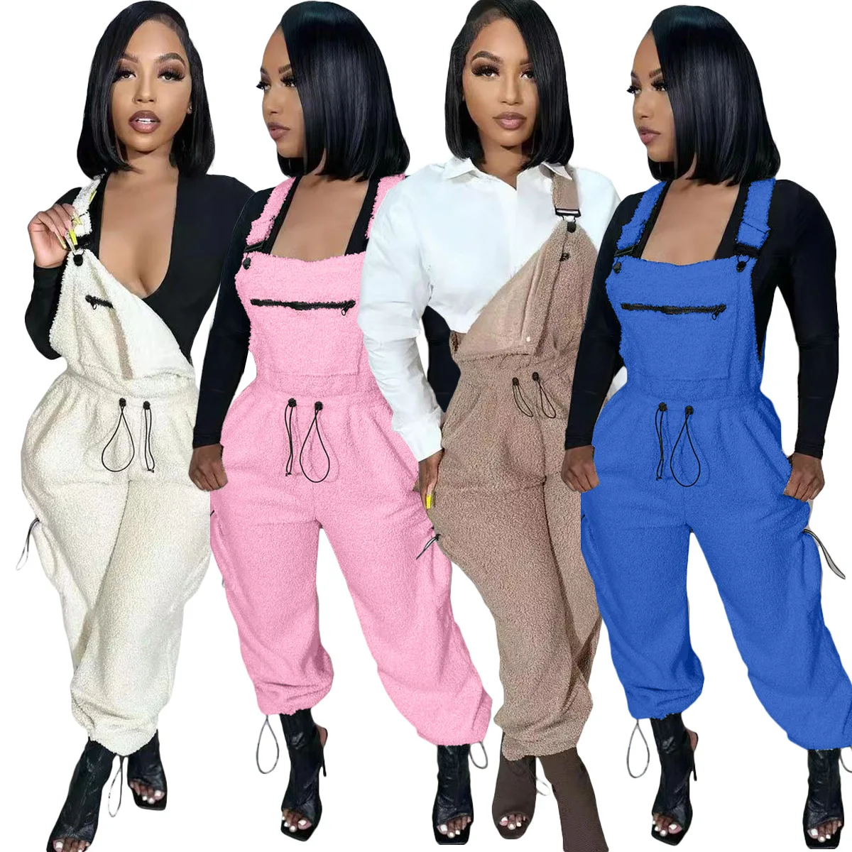 

Y2k Fur Rompers Jumpsuit Women Solid Drawstring One Piece Outfit 2023 Autumn Winter Fashion Loose Pants Female Street Jumpsuit