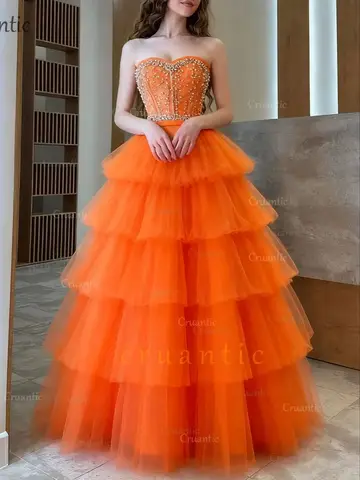 Robe de soirée longue en Tulle pour femmes, élégante, ligne a, sans manches, sans bretelles, à plusieurs niveaux en cristal, robes de bal pour Occasions spéciales