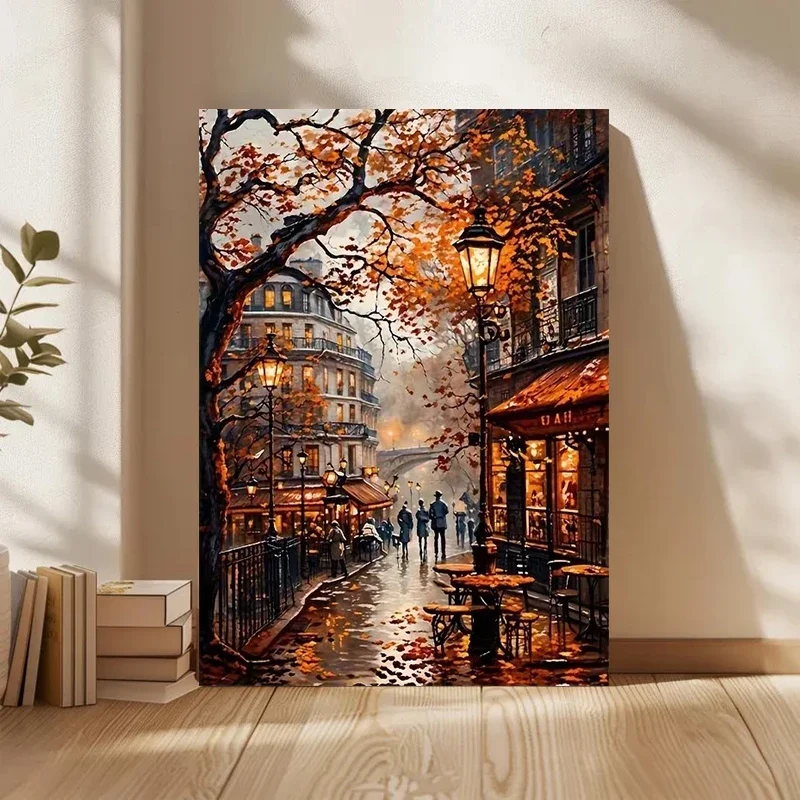 Multiple sizes 1pc frameless Canvas Painting,Paris Street Rainy Street Autumn Scenery Poster and Prints Canvas Painting Wall Art