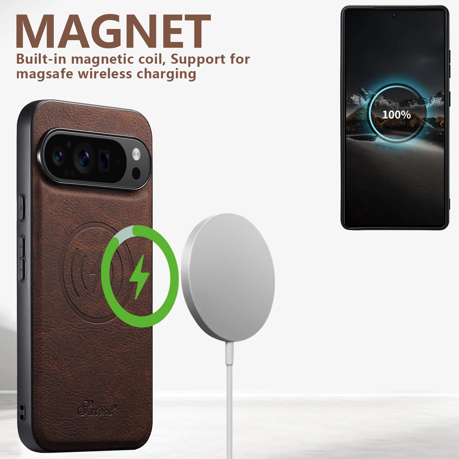 SUTENI Luxus-Kunstleder-Handyhülle mit Magnet, kabelloses Laden, mattiertes Gefühl, für Google Pixel 10 Pro XL 9 8A 7 6