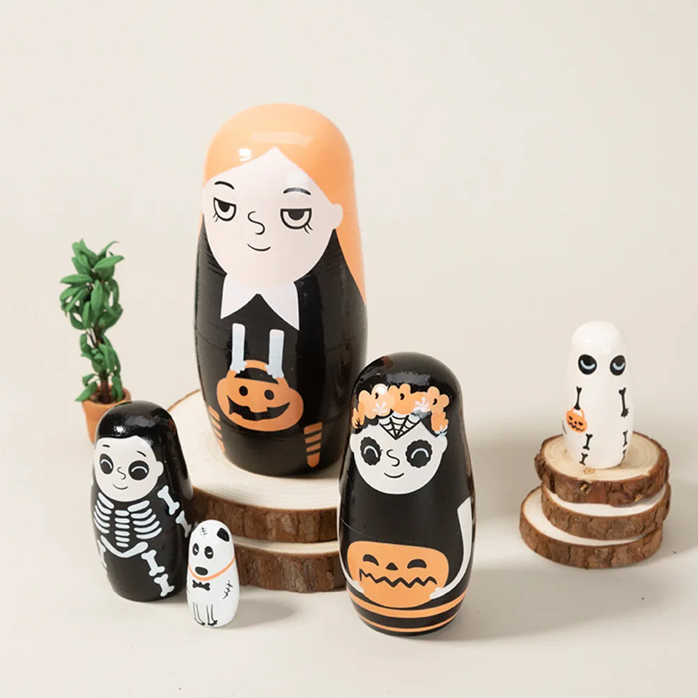 

1 Set Russian Nesting 5-Layer Wooden Craft Stackable Children Halloween Gift Decorative For Home Desktop Bookshelf Ornament