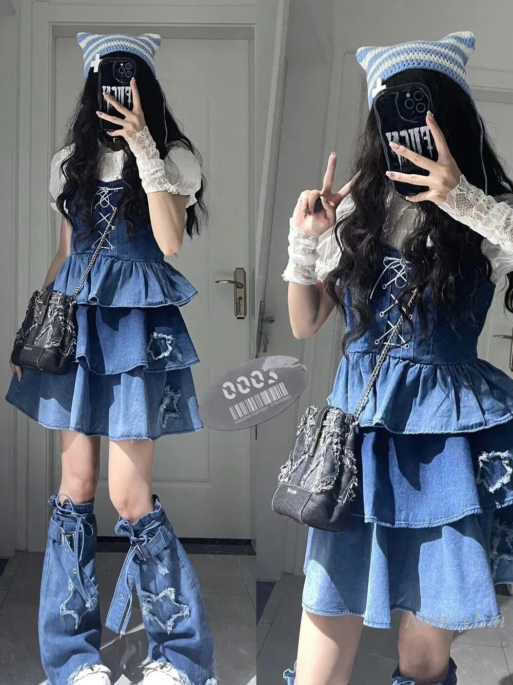 

Y2k Cloth for Women's 3 Piece Set Blue Sweet Hot Girls Denim Strap Bubble Dress Puff Sleeve Shirt Leg Cut Outfits Summer 2024