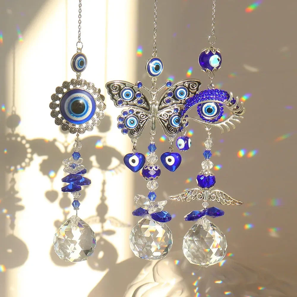 

Turkish Blue Evil Eye Butterfly Wall Hanging with Crystal Suncatcher Home Decor Protection Good Luck Blessing Housewarming