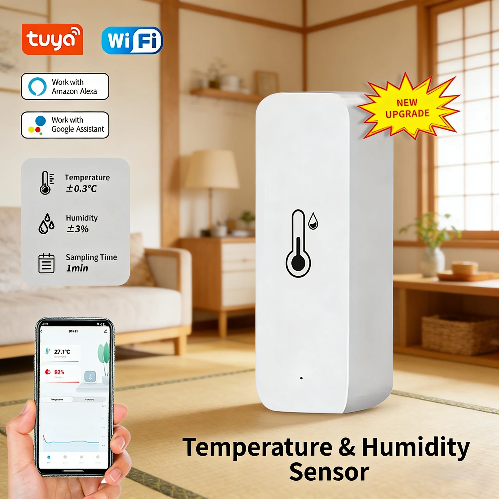 Tuya Smart WiFi Temperature Humidity Sensor Indoor Hygrometer Thermometer APP Remote Monitor Compatible with Alexa Google