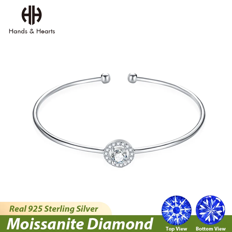 

H & H Fashion 0.5CT D Color Real Moissanite Diamond Round Halo Bangles for Women Gift 925 Sterling Silver Luxury Fine Jewelry