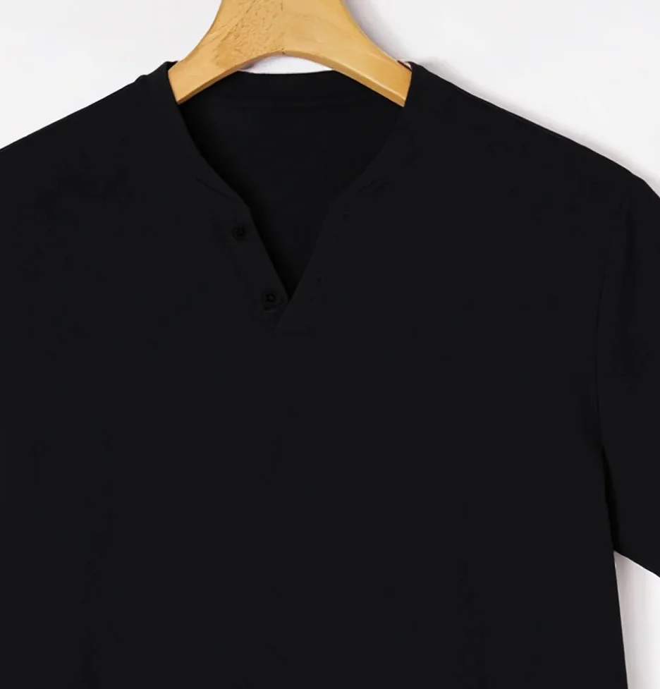 Elegant Black Henley Short-Sleeve T-Shirt for Men – Luxe Cotton Blend, Minimalist Button Placket, Breathable Silhouette, Timele - view 3