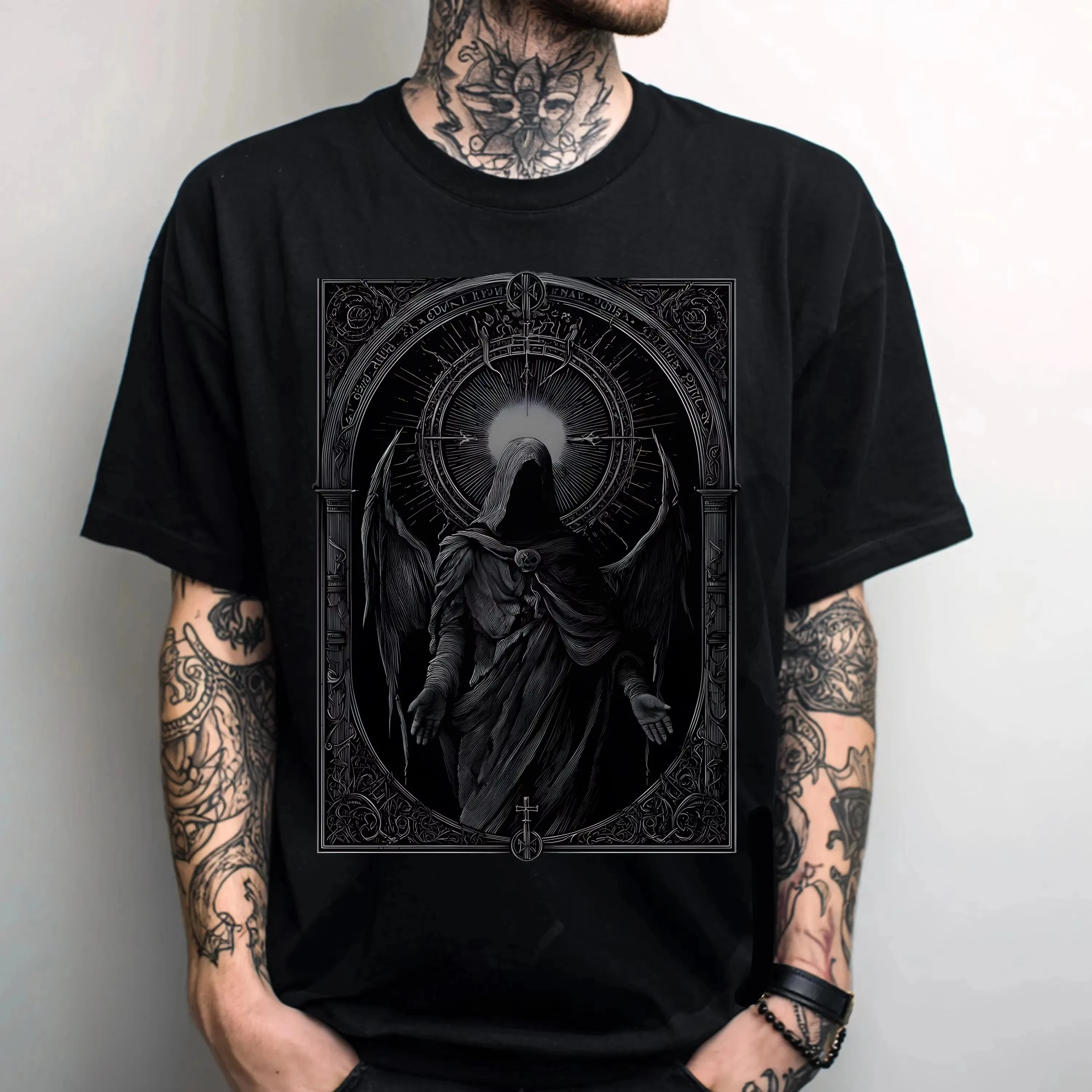90_ Cotton Men T‑Shirt Gothic Dark Fallen Angel Tarot Frame Graphic Tee Vintage Mysterious Short Sleeve Tops