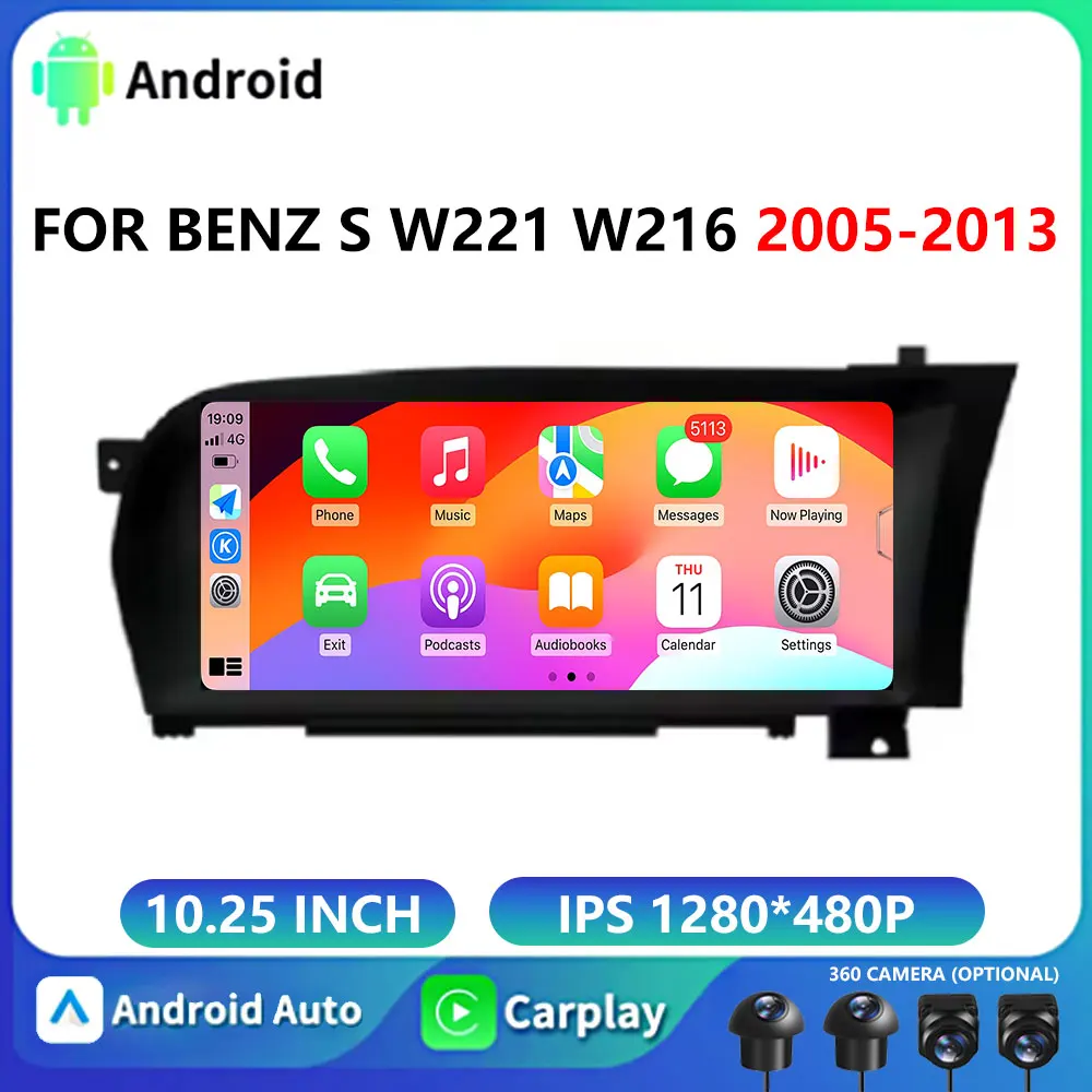 10.25‘’RHD Car Accessories Carplay Monitors Speacker Radio Multimedia Player Android OS Screen For Benz S W221 W216 2005-2013