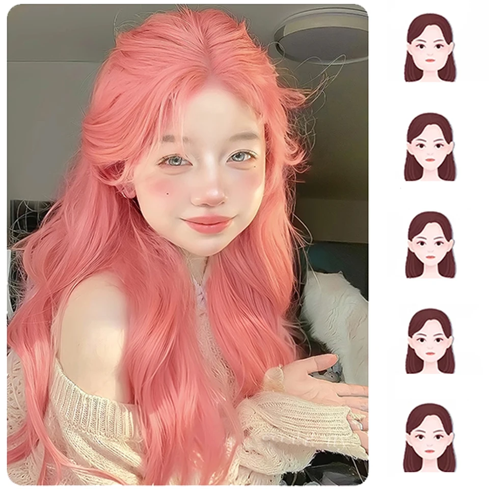 Peruca rosa longa ondulada sintética, parte intermediária, onda natural, resistente ao calor, cosplay, festa diária, adequada para mulheres lm