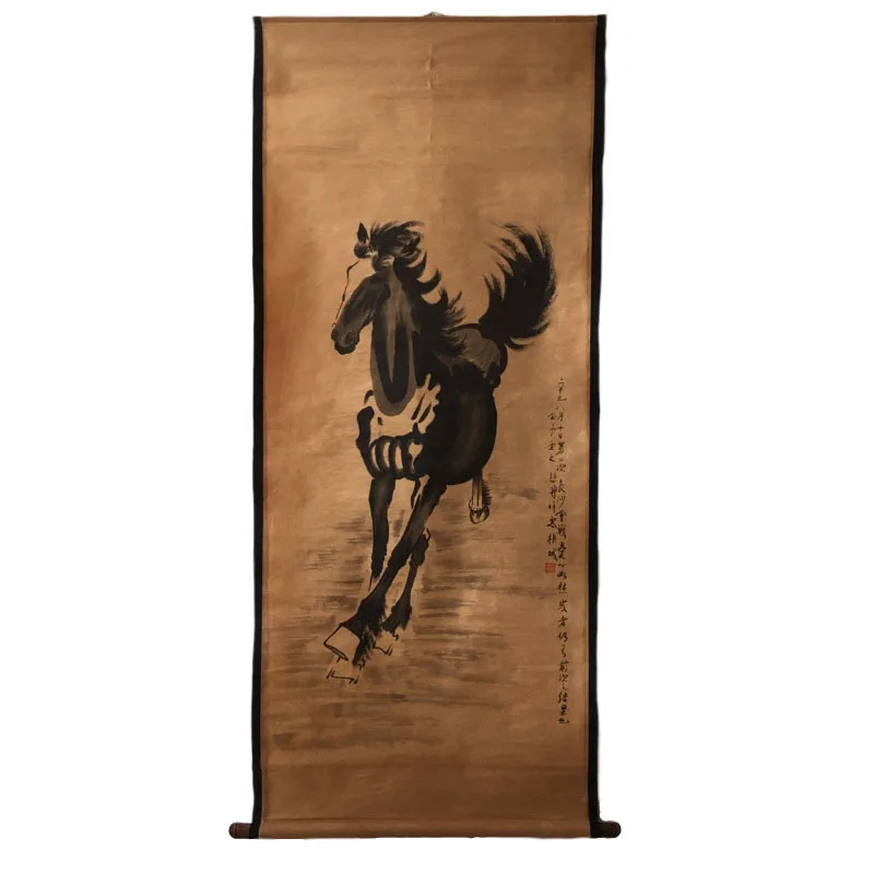 Antique Sundries Middle Hall Painting Works Antique Retro Xu Beihong（Horse）Painting Mounting Chinese Style Living Room Decoratio