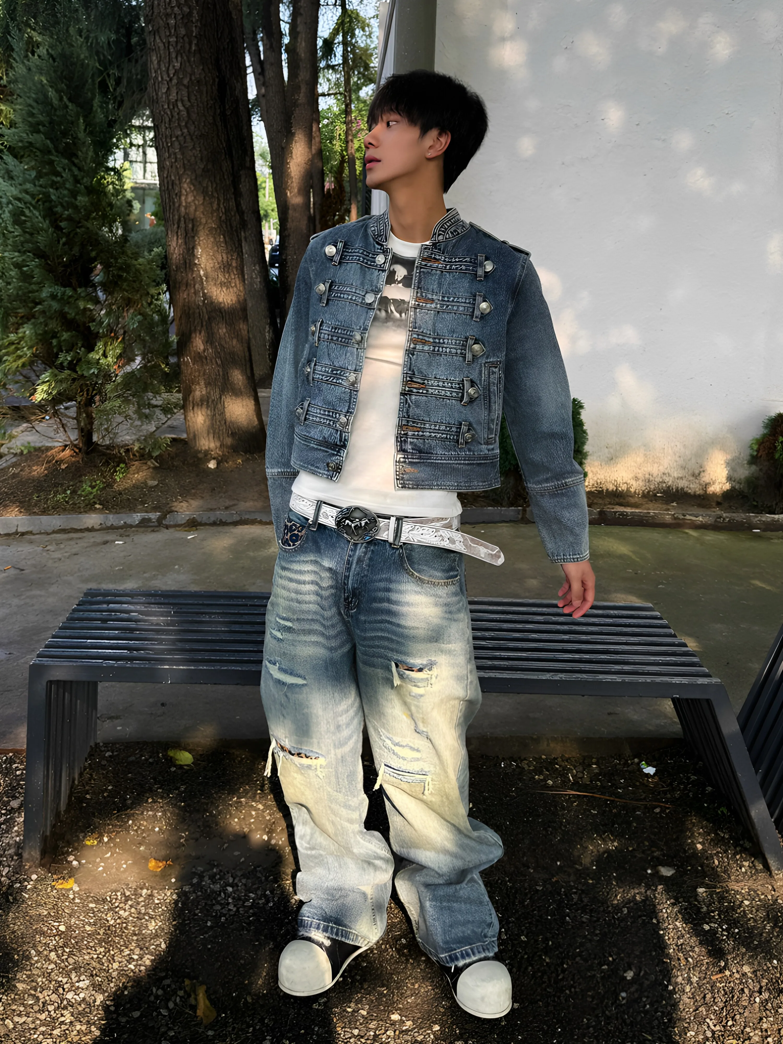 Retro American Street Leopard Patchwork Jeans Men's Loose Straight Leg Design Sense Washed Casual Pants Comfortable Fit