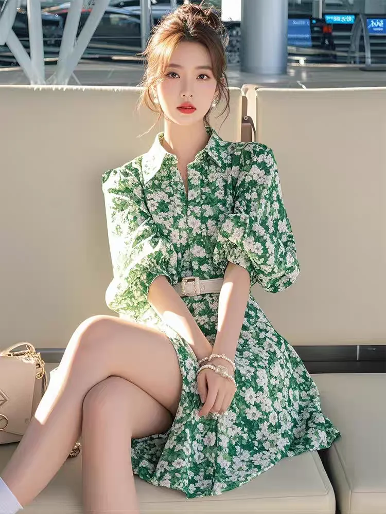 Nuova primavera verde abito floreale estate donna moda risvolto manica lunga a-line camicia casual abiti divisi mini abiti con cintura