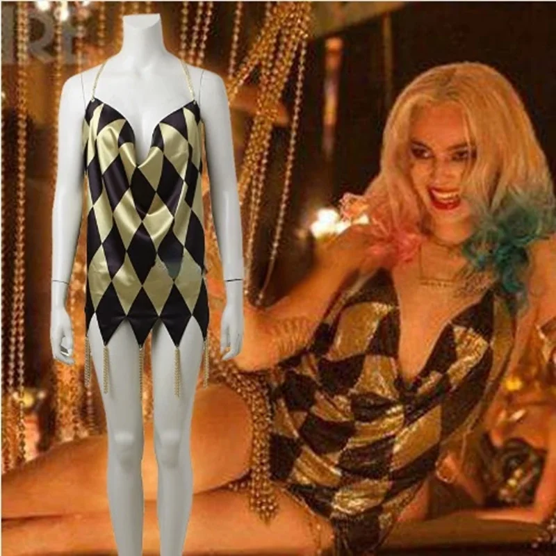 Movie Birds of Prey Cosplay Harley Costume Quinn Black and Yellow Checked Slip Dress Outfit Joker Suit Clown Wig Women Halloween