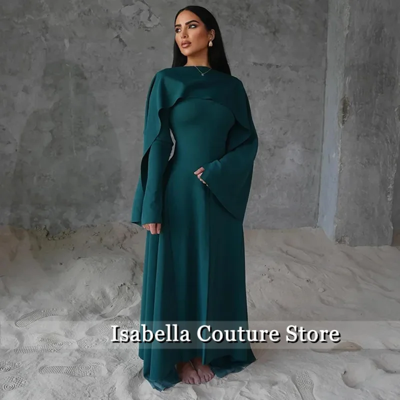 

Modest Evening Dress Long Sleeves O Neck Cape Hunter Green Jersey Women's Evening Gowns 2024 Elegant Wedding Party Dresses Maxi