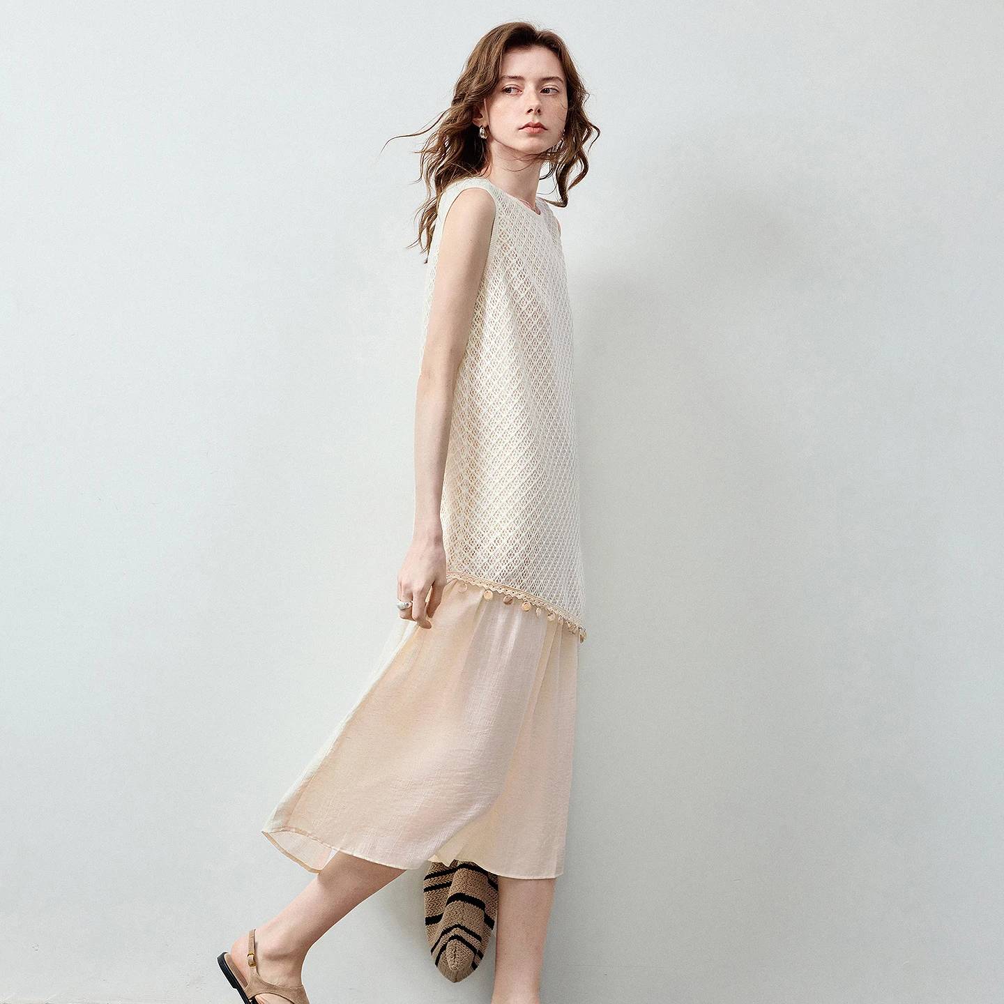 TOYOUTH Women Casual Dress Summer 2026 New Arrival Contrast Color Splicing Fake Two-Piece Vest High Waist A-Line Soft All-Match