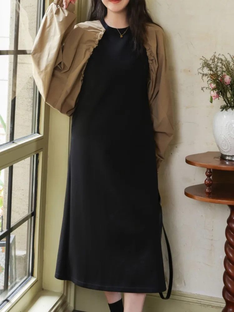 Primavera falso dos piezas patchwork camisa vestido mujeres coreano suelto elegante vintage señoras vestidos ropa mujer