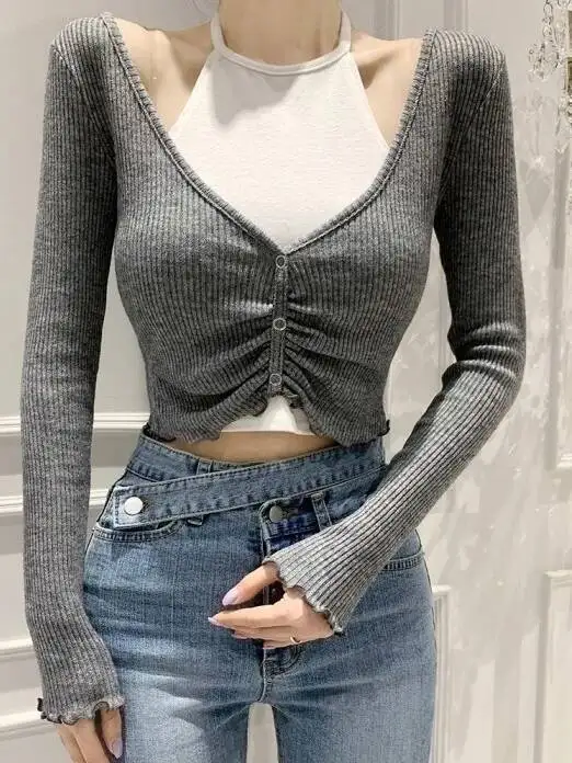 2026 Autumn Korean Version New V-neck Fake Two Piece Long Sleeve Pullover Women Cinching Waist Solid Slim Short Top QGS6