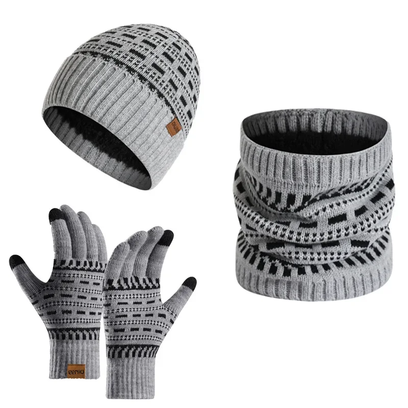 Fashion Trend European American Autumn Winter Men\'s Luxury Knitted Hat, Scarf, Glove,Warm Three Piece Set Clothing Accessories