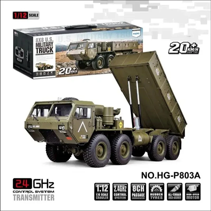 

Hengguan 8x8 RC Car 1/12 HG-P803A Heavy Duty Truck Dump Truck Trailer 2.4G Radio Controlled Car US Army Military Truck Model Toy