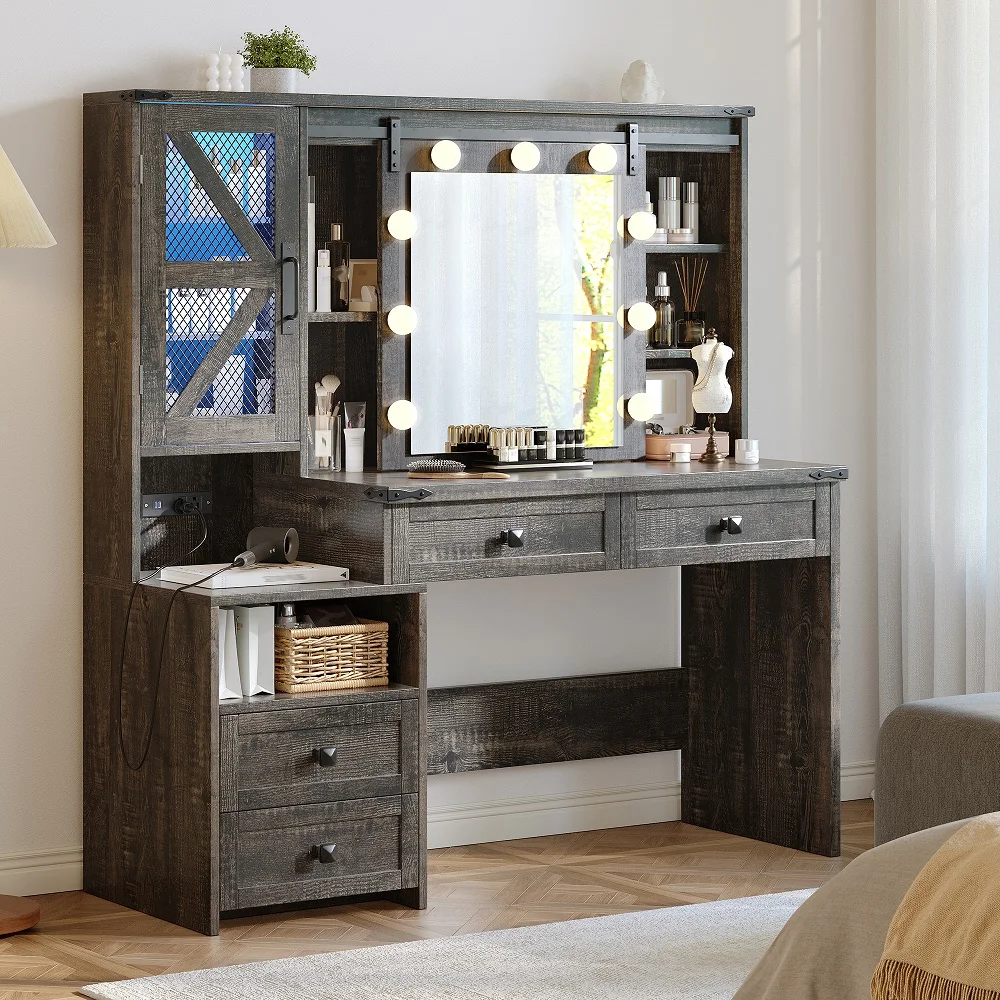 EnHomee Farmhouse Makeup Vanity Desk with Sliding Lighted Mirror, 4 Drawers & RGB Light Cabinets, Bedroom Cosmetic Dressing Table