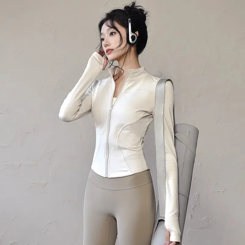 Women Fitness Clothes Zip Long Sleeve Sports Jacket with Pockets Yoga Shirt Quick Dry Gym Top Sunscreen Sportswear Running Coats