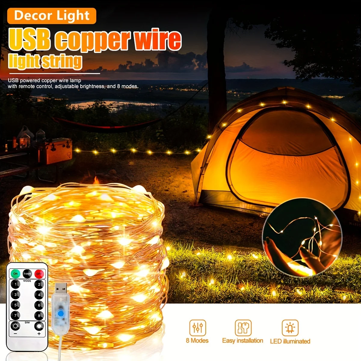 LED Copper Wire String Lights USB Powered With Remote Control 8 Lighting Modes Fairy Light For Weddings Party Room Home Decor