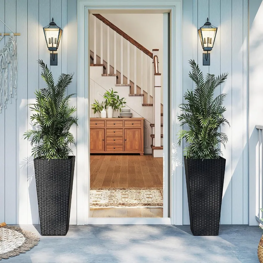 Outdoor Wicker Flower Pot Set 2, 30'' Tall Planters w/Drainage