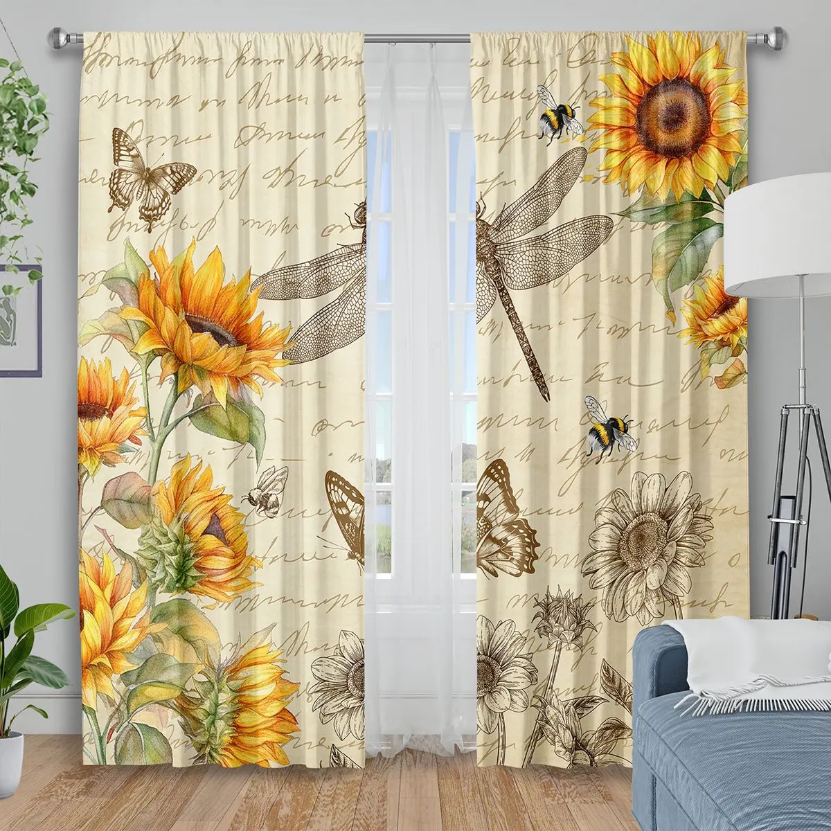 Vibrant Sunflower and Butterfly Print Curtains for Living Room Home Decor Sunlight Filtering Window Panels