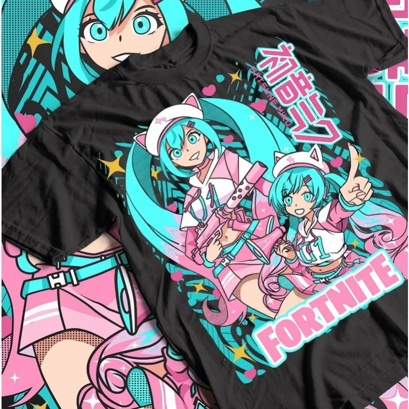2026 Summer Hatsune Miku Retro Kawaii T-shirt Men's Oversize Casual Cotton Printed Short-sleeved Unisex Children's Sports Shirt