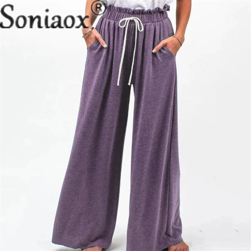 

Elegant High Waist Drawstring Loose Straight Long Pants Women Comfortable Casual Solid Color Splicing Pocket Female Trousers New