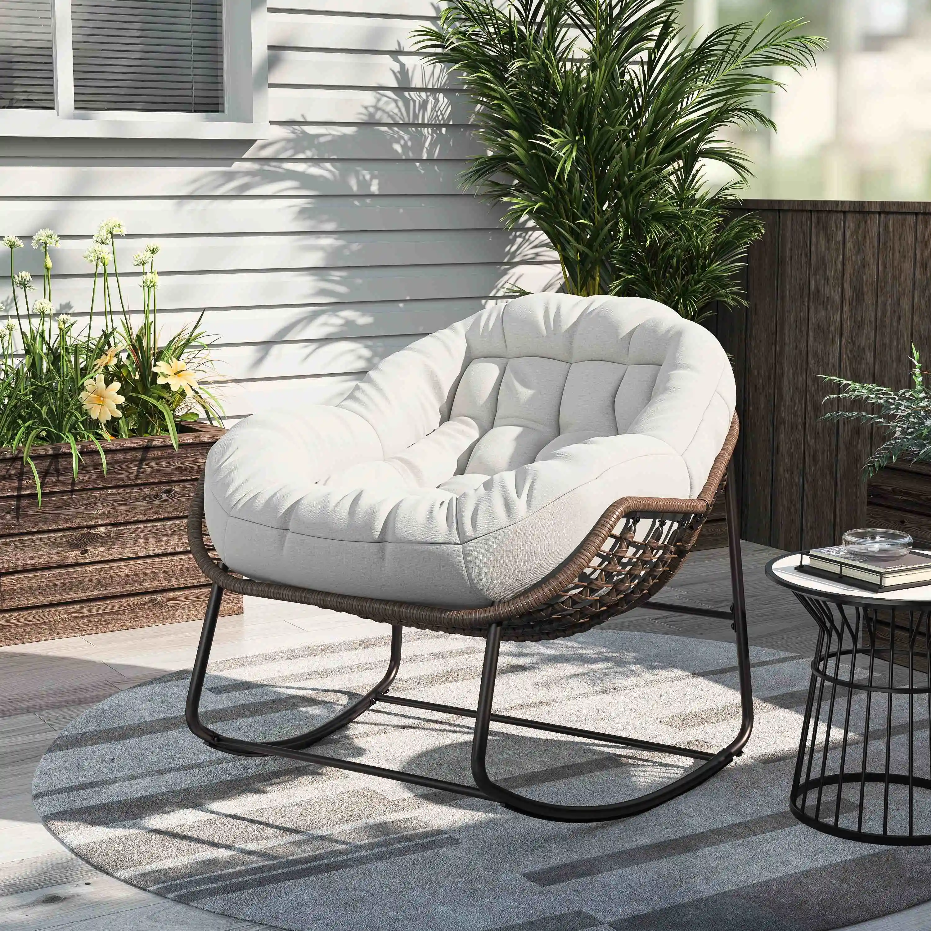 Chaise à Bascule en Rotin d\'Extérieur, Fauteuil Inclinable à Coussin Rembourré pour Porche Avant, Salon, Jardin