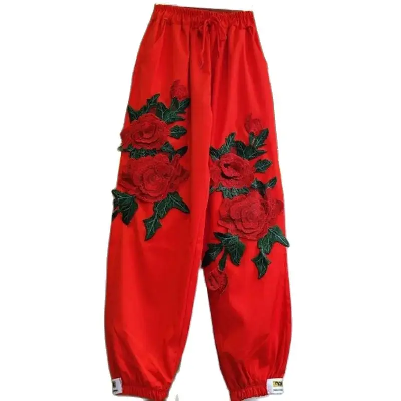 

SpringSummer Red Rose embroidery Loose Casual Pants Women Chic Ankle Banded Pants Femme Trousers High Street Ladies Harem Pants