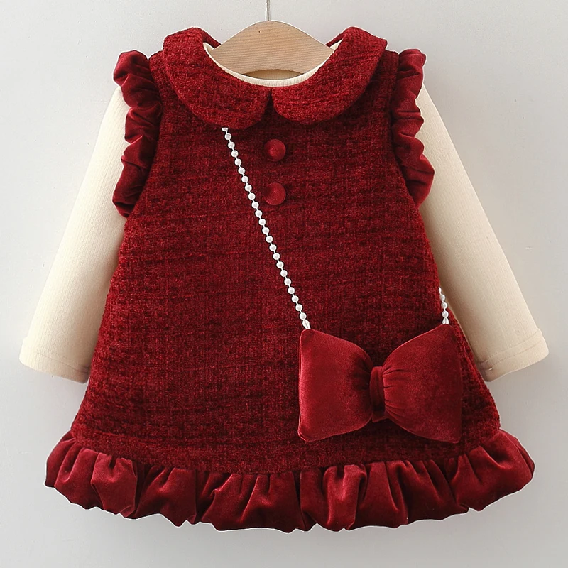 2Piece Fall Winter Kids Girls Clothes Korean Cute Doll Collar Warm Red New Year Princess Dress+Tops+Bow Bag Baby Dresses BC1334