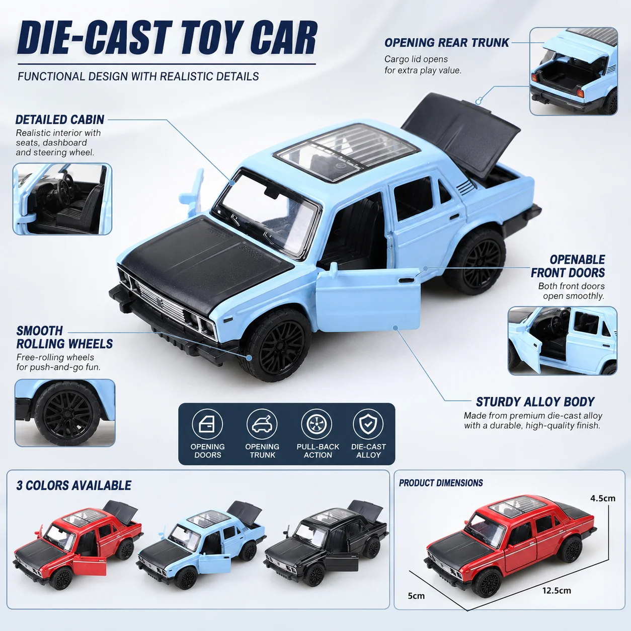 (Corrugated Box) 1/36 Scale, Vintage Retro Sedan Style Toy Car, Powerful Spring, Metal Casting, Boy's Toy, the Best Gift.
