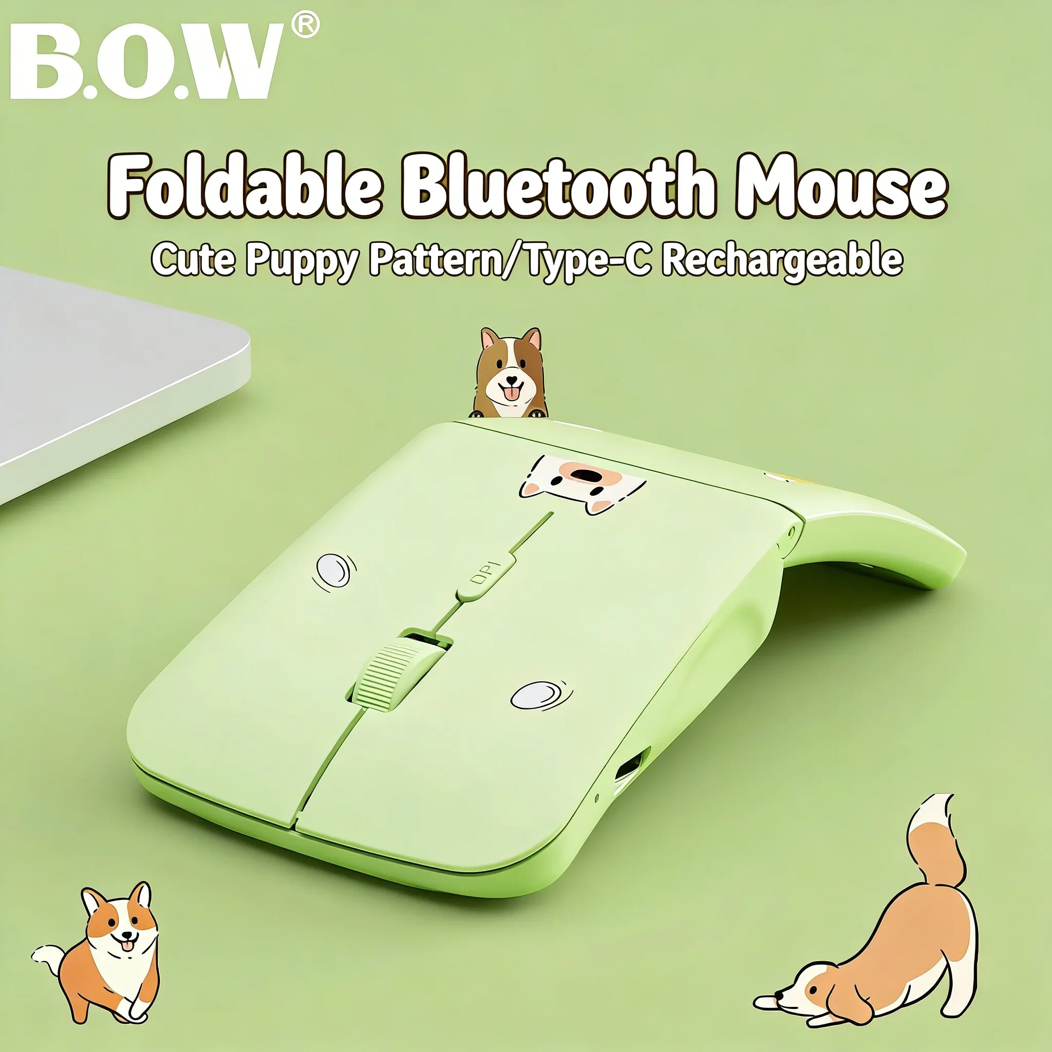 

Bluetooth 5.3 Foldable Wireless Mouse Cute Puppy Design Silent Rechargeable Computer Mice for Windows Macos ios