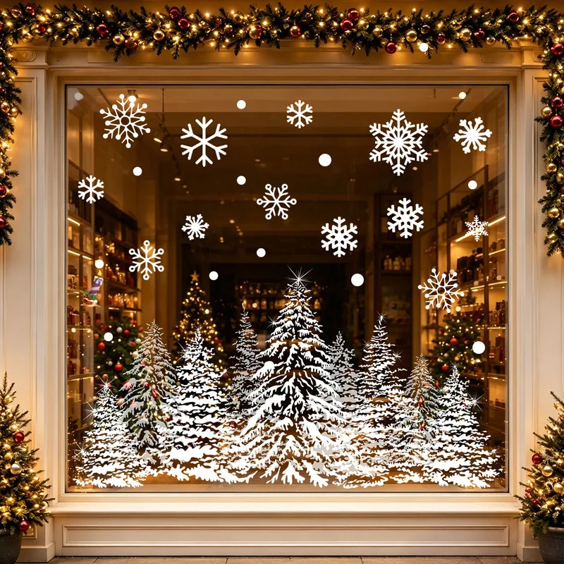 1pc Christmas Window Sticker Snowflake Pine Tree Static Glass Decal Winter Forest Window Cling for Home Shop Party Decoration