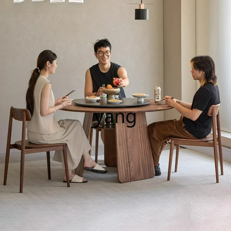 LTT solid wood round dining table household retro round table with turntable rock slab dining table
