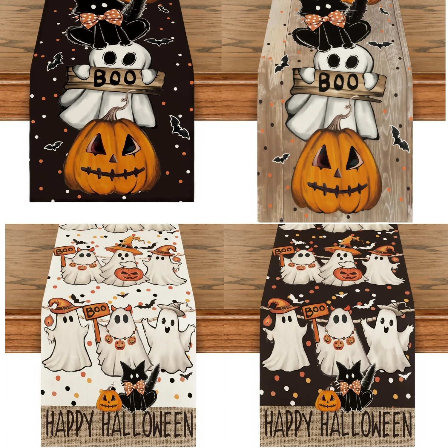 Halloween Table Runner Ghost Pumpkin Black Cat Pattern Halloween Dinner Party Kitchen Sideboard Dresser Home Ornament