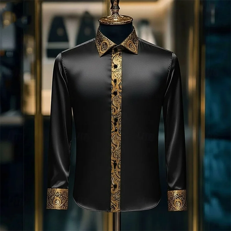 Męska luksusowa koszula z długim rękawem, jedwabna, biało-brązowa, jednolita, wzór paisley, dopasowany krój, casualowa koszula z kołnierzykiem.