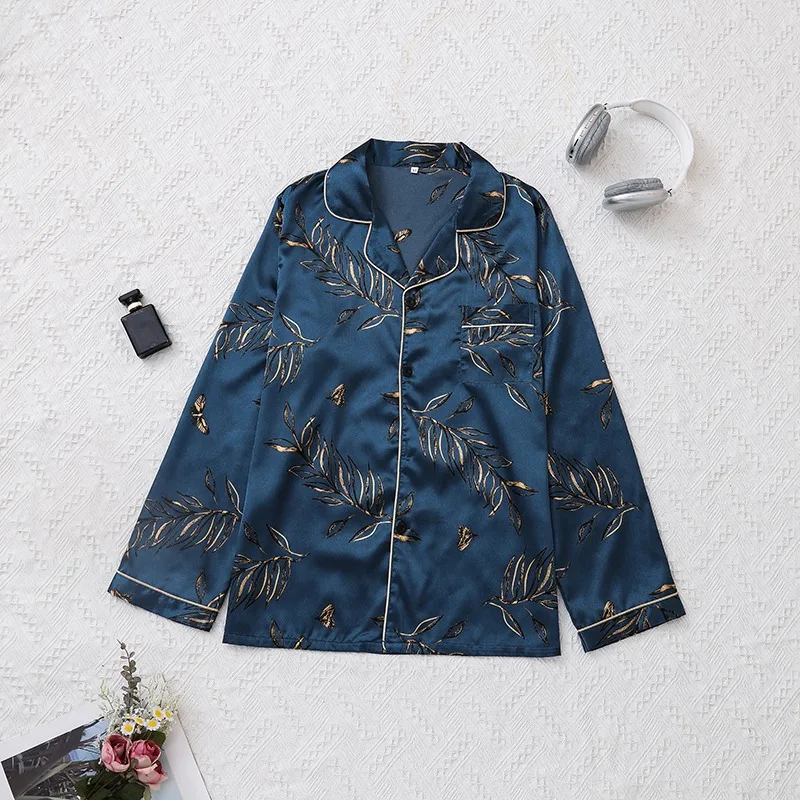 Autumn Blue Fun Prints Men's Pajamas Set Long Sleeve Turn-Down Korean-Style Casual 2 Piece Pajamas Set Collar Button Homewear
