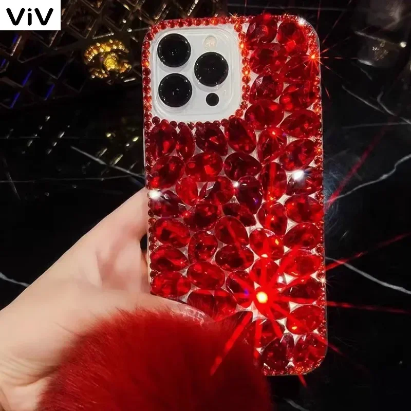 Luxury Gemstone Bling Rhinestone Fur Hairball Phone Case, Cover for Samsung A32, A52, A71, A72, A73, A53, A33, A74, A54, A34