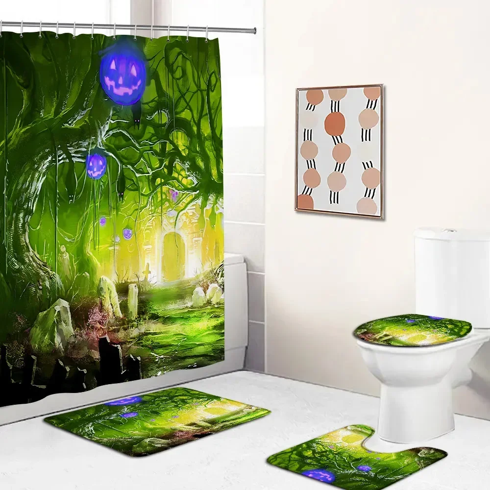 Haunted House Shower Curtain Set Horror Night Halloween Party Full Moon Night Pumpkin Scary Halloween Bath Mat Toilet Lid Cover