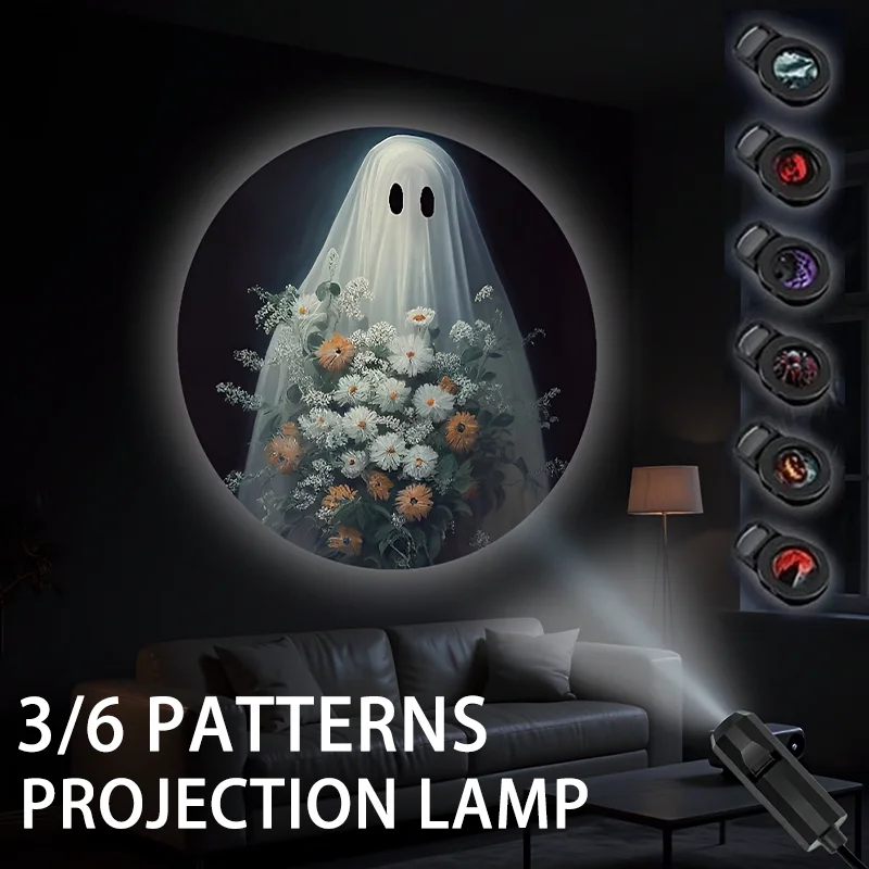 Halloween USB LED Projection Lamp 3/6 Patterns Ghost Bat Spider Skeleton 360° Rotating Night Light Atmosphere Decor