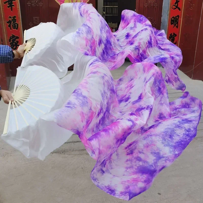 Nova chegada tie-tingido 100% seda real fãs de seda de dança do ventre 1 par artesanal tingido seda barriga longo ventilador de dança chinesa véus