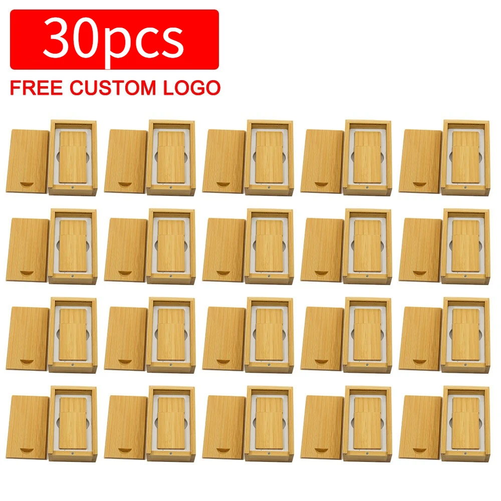 30pcs/lot Flash Drive Usb 2.0 Wooden + Box Pen Drive 4GB 8GB 16GB 32GB 64GB U Disk Free Custom Logo for Photography Wedding Gift
