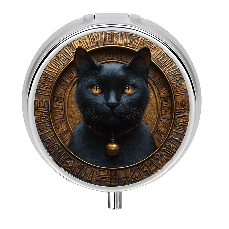 Single pack, flat, round three-compartment box, designed with an ancient Egyptian cat circular pattern, a vitamin storage box, elegant design, suitable for travel and daily use, unique and creative