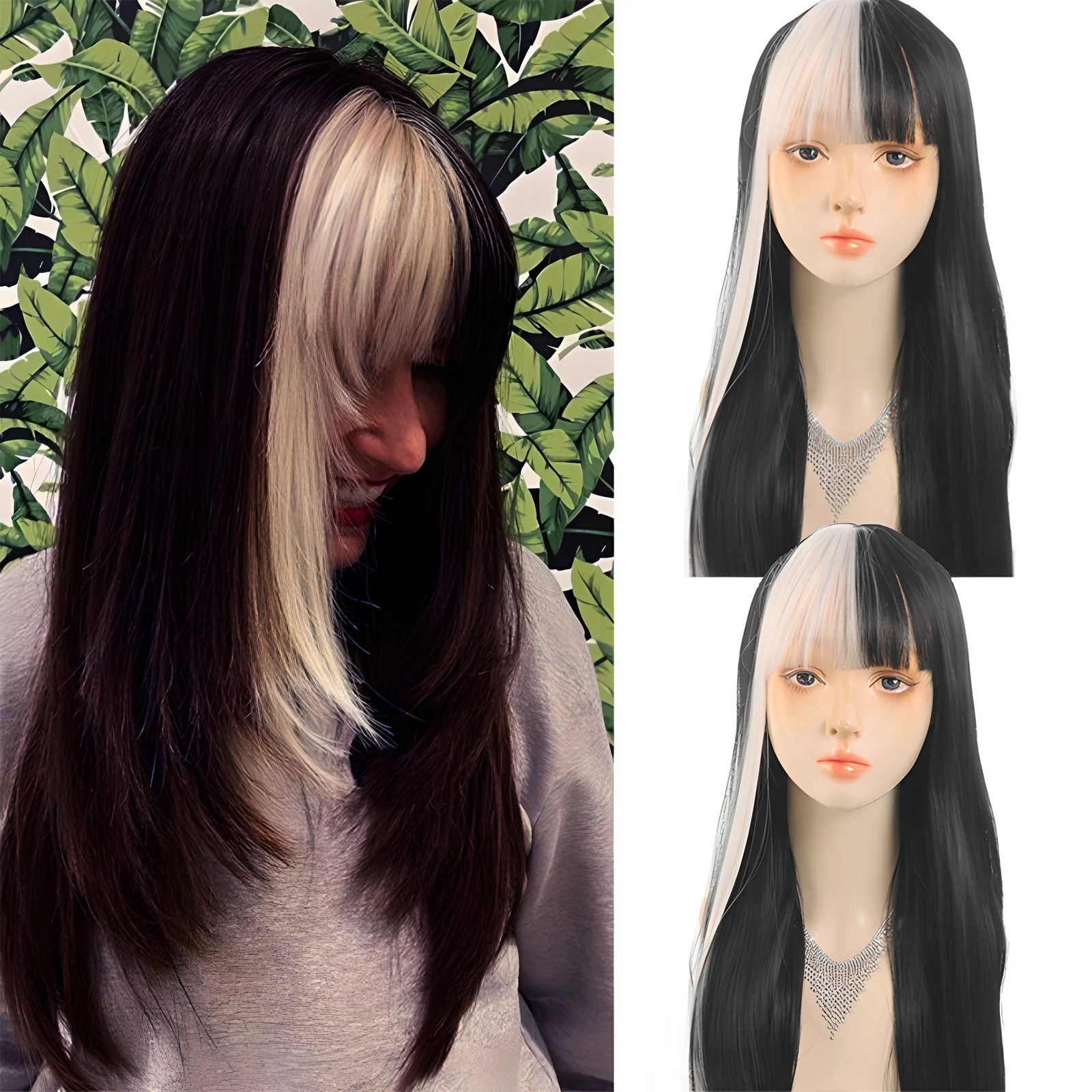 LUPU 26 inch long women's wig with symmetrical black and white bangs in the middle Suitable for daily gatherings