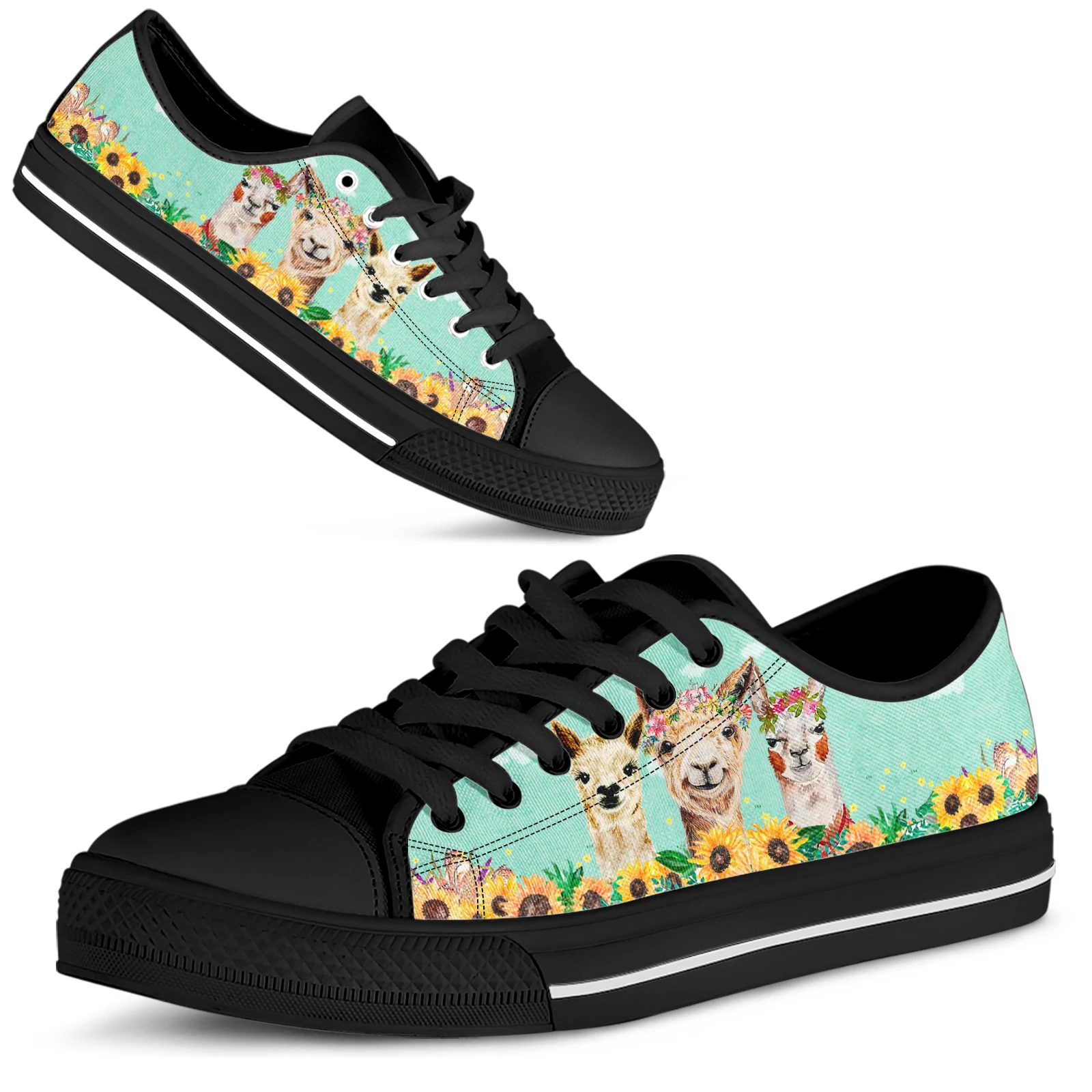 ELVISWORDS Alpaca Sunflower Design Brand Canvas Shoes Flower Print Low Top Women's Shoes Black Soft Sole Casual Sneakers