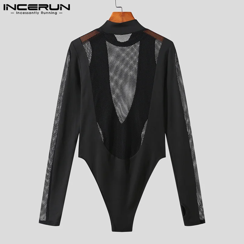 2023 Men Bodysuits Mesh Patchwork Turtleneck Long Sleeve Sexy Rompers Men T Shirt Transparent Fitness Party Bodysuits INCERUN